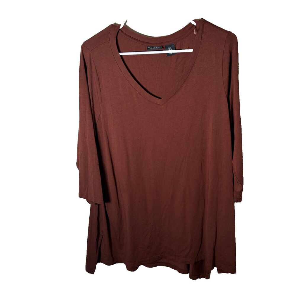 Tahari T-Shirt Women's 1X V-Neck 3/4 Sleeve Brown Solid Shirt Casual Basic